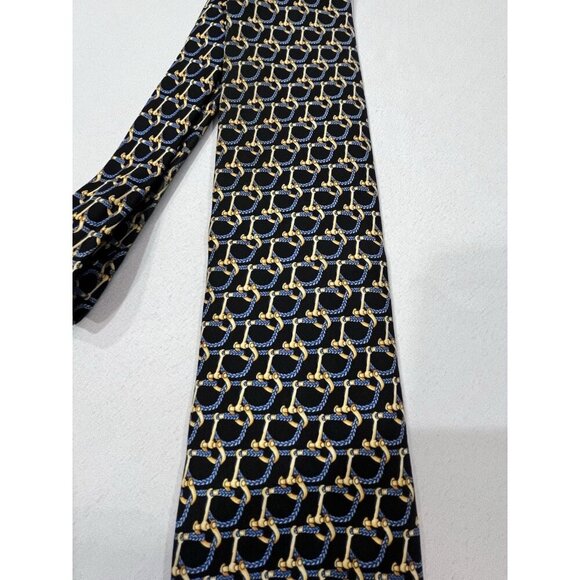 Dormeuil Paris Silk French Tie * Gold w/ Blue Pattern 58-59 3 3/4in. - Picture 2 of 6